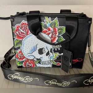 Ed Hardy Black and Red Skull gem Crossbody tote zippered handbag crossbody